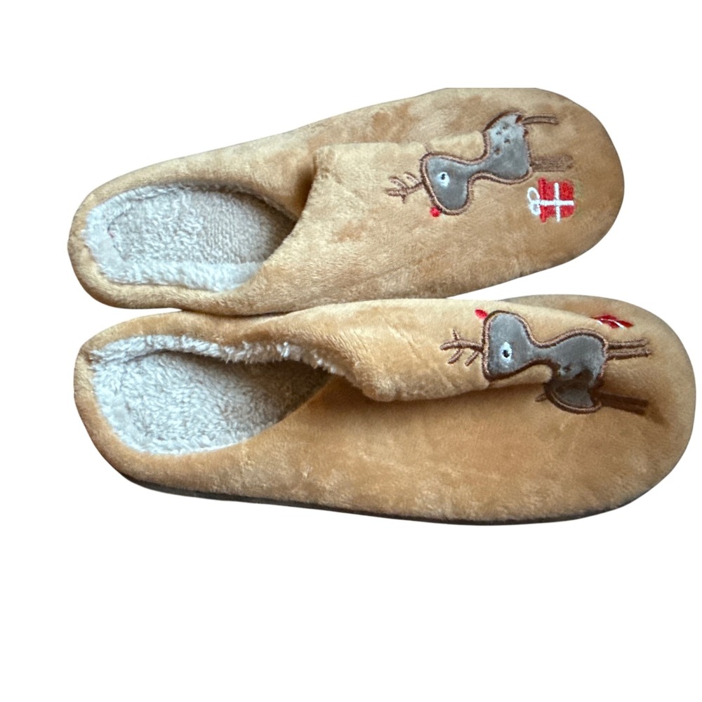 Tan Reindeer Plush Slippers Women Size 38-39 Holiday Faux Fur Slip On Scuffs